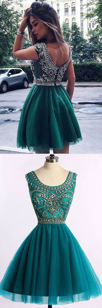 Short Hunter Prom Dress with Beading, Cheap Green Homecoming Dress, SH90