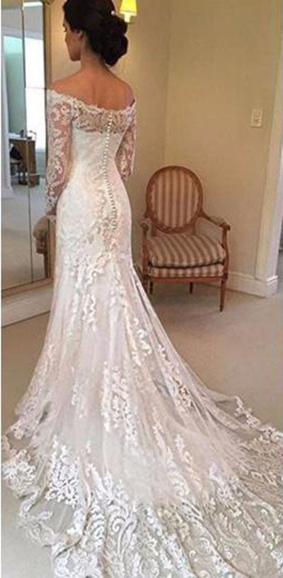 White Off Shoulder Lace Long Sleeves Wedding Dress Bridal Gown, SW93
