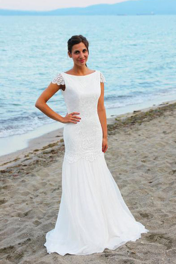 Open Back Cap Sleeves Scoop Lace Beach Wedding Dresses, SW94