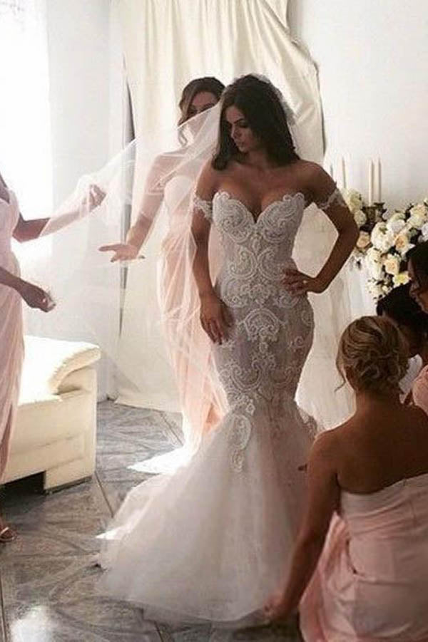 Charming Mermaid Off Shoulder Long Wedding Dress with Appliques, SW96