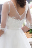 Cheap Tulle White Scoop A-line Wedding Dresses with Sweep Train, SW98