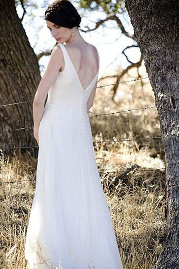 Ivory Chiffon A-line V-neck Floor Length Beach Wedding Dress, SW23