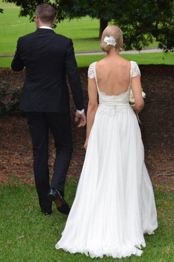 Ivory Cap Sleeves Lace Open Back Elegant BeachWedding Dress Bridal Bridal,SW62