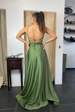 Sage Green A-line Scoop Spaghetti Straps Long Prom Dresses With Pocket, SP821 | simple prom dresses | cheap prom dresses | evening gown | www.simidress.com