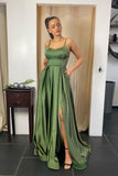 Sage Green A-line Scoop Spaghetti Straps Long Prom Dresses With Pocket, SP821