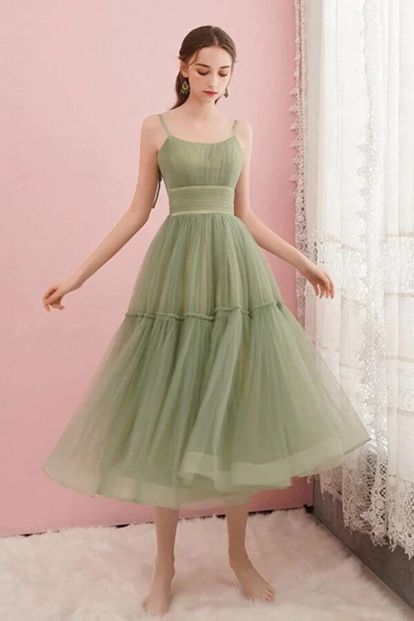 Sage Tulle Spaghetti Straps Tea Length Short Prom Dress, Homecoming Dress, SH584 | school event dresses | short party dresses | cheap homecoming dresses | simidress.com