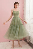Sage Tulle Spaghetti Straps Tea Length Short Prom Dress, Homecoming Dress, SH584