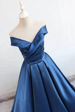 Satin A-line Off-the-Shoulder Evening Dresses, Blue Prom Dresses With Belt, SP817 | satin prom dresses | evening gown | long formal dresses | www.simidress.com