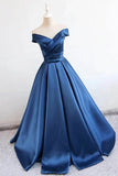 Satin A-line Off-the-Shoulder Evening Dresses, Blue Prom Dresses With Belt, SP817