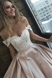 Satin A-line Off Shoulder Long Prom Dresses With Appliques, Evening Dress, SP705