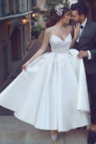 Satin A-line Spaghetti Straps Appliqued Short Princess Wedding Dresses, SW455