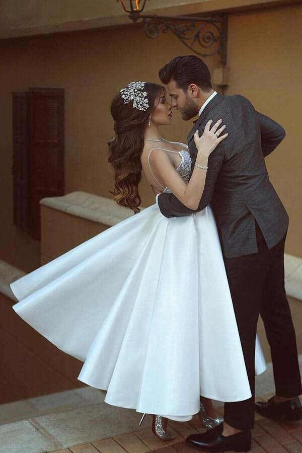 Satin A-line Spaghetti Straps Appliqued Short Princess Wedding Dresses, SW455 | a line wedding dresses | bridal outfit | cheap wedding dresses | www.simidress.com