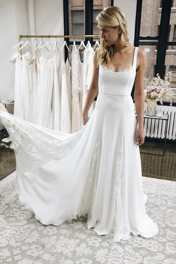 simple satin wedding dress spaghetti strap Spaghetti Strap Dress & Gowns for Brides