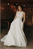 Satin Lace A-line Halter Illusion Neck Wedding Dresses With Sweep Train, SW535 | satin wedding dresses | lace wedding dress | cheap wedding dress | www.simidress.com