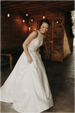 Satin Lace A-line Halter Illusion Neck Wedding Dresses With Sweep Train, SW535 | vintage wedding dresses | bridal gown | summer wedding dress | www.simidress.com