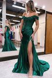 Satin Lace Mermaid Off-the-Shoulder Long Prom Dresses With Side Slit, SP909 | green prom dresses | lace prom dresses | long formal dress | simidress.com