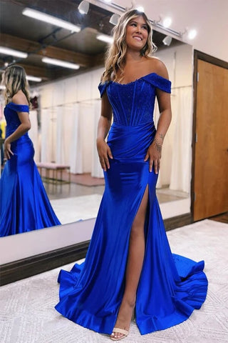 Satin Lace Mermaid Off-the-Shoulder Long Prom Dresses With Side Slit, SP909 | blue prom dresses | cheap long prom dresses | evening gown | simidress.com