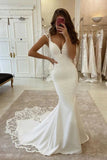 ​Satin Mermaid Cap Sleeves Backless V-neck Wedding Dresses With Appliques, SW530 | satin wedding dresses | lace wedding dresses | cheap wedding dresses online | www.simidress.com