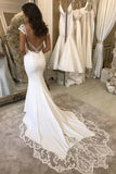 Satin Mermaid Cap Sleeves Backless V-neck Wedding Dresses With Appliques, SW530 | bohemian wedding dresses | summer wedding dresses | wedding gown | www.simidress.com​