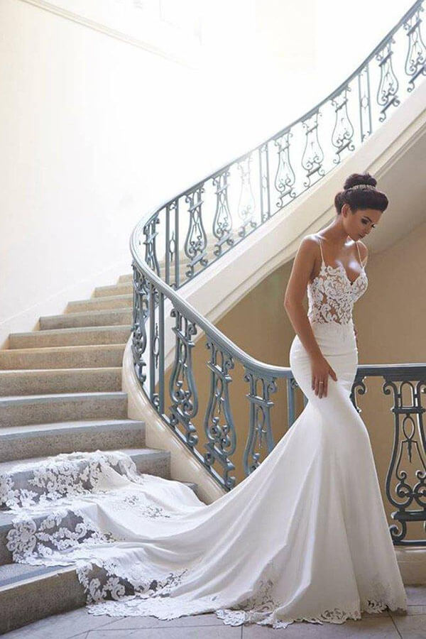 Satin Mermaid Spaghetti Strap Backless Lace Appliques Wedding Dresses, SW565 | lace wedding dresses | mermaid wedding dresses | bridal gowns | simidress.com
