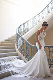 Satin Mermaid Spaghetti Strap Backless Lace Appliques Wedding Dresses, SW565
