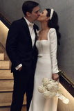 Satin Sheath Long Sleeves Simple Wedding Dress With Train, Bridal Gown, SW615