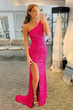 Sequins Mermaid One-Shoulder Backless Long Prom Dresses With Side Slit, SP902 | pink prom dresses | evening gown | party dresses | simidress.com