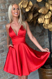 Sexy Red Satin A-line V-neck Short Homecoming Dresses With Bow, SH582