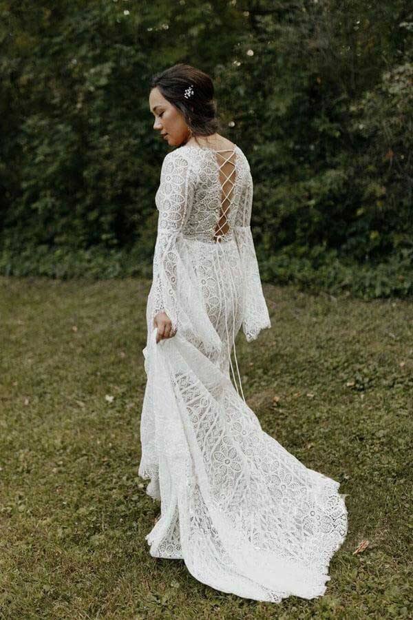 Sheath Lace Long Sleeves Wedding Gown, Lace Up Beach Wedding Dresses, SW531 | bohemian wedding dress | a line wedding dress | summer wedding dresses | www.simidress.com