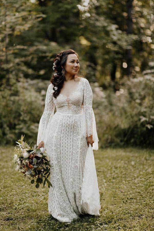 ​Sheath Lace Long Sleeves Wedding Gown, Lace Up Beach Wedding Dresses, SW531 | bridal outfit | vintage wedding dress | plus size wedding dress | www.simidress.com