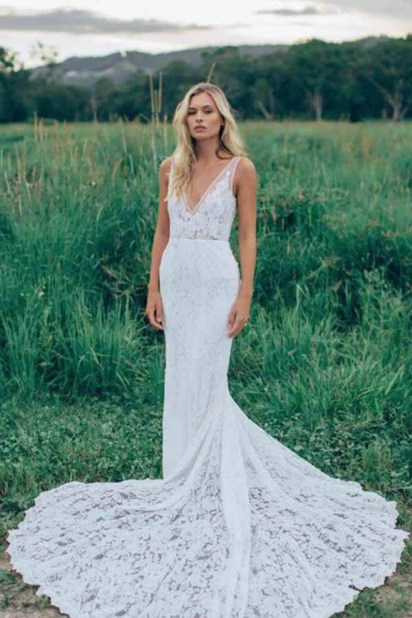 Lace Mermaid V-neck Chapel Train Wedding Dresses SW546 | Simidress Lace Mermaid V-neck Chapel Train Wedding Dresses SW546 | Simidress