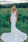 Sheath Lace Mermaid V-neck Chapel Train Wedding Dresses, Bridal Gowns, SW546 | vintage wedding dresses | outdoor wedding dress | beach wedding dresses | simidress.com