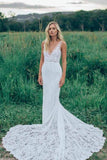 Sheath Lace Mermaid V-neck Chapel Train Wedding Dresses, Bridal Gowns, SW546