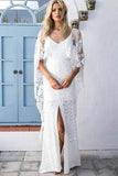 Sheath Lace V-neck Backless Beach Wedding Dresses with Split, Bridal Dress, SW466