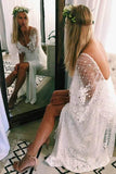 Sheath Lace V-neck Backless Beach Wedding Dresses with Split, Bridal Dress, SW466