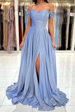 Shiny A-line Blue Off Shoulder Prom Dresses With High Slit, Party Dresses, SP941