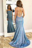 Shiny Blue Mermaid Backless Spaghetti Straps Prom Dresses, Evening Dress, SP759