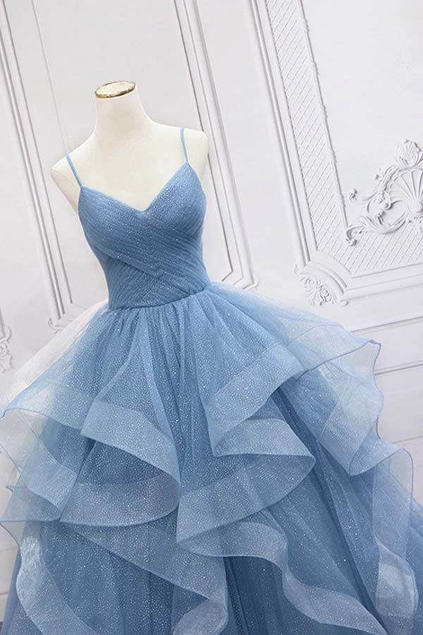 Shiny Blue Tulle A-line Spaghetti Straps Long Prom Dresses, Evening Gown, SP814 | tulle prom dresses | evening dresses | long formal dresses | www.simidress.com