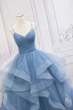 Shiny Blue Tulle A-line Spaghetti Straps Long Prom Dresses, Evening Gown, SP814 | tulle prom dresses | evening dresses | long formal dresses | www.simidress.com