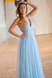Shiny Blue Tulle A-line V-neck Simple Prom Dresses, Long Formal Dresses, SP877 | a line prom dresses | blue prom dresses | evening gown | simidress.com