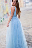 Shiny Blue Tulle A-line V-neck Simple Prom Dresses, Long Formal Dresses, SP877 | long prom dress | party dresses | prom dresses online | simidress.com