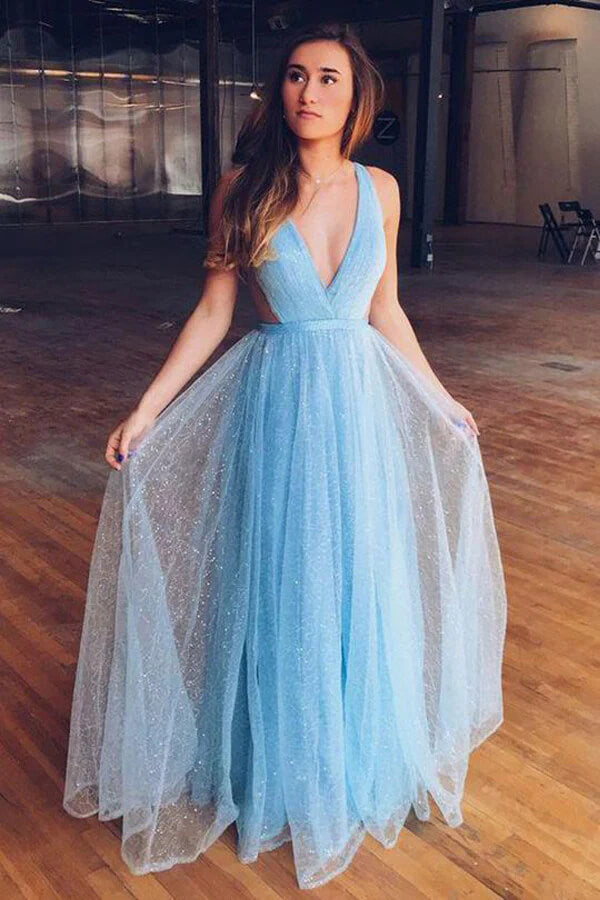Shiny Blue Tulle A-line V-neck Simple Prom Dresses, Long Formal Dresses, SP877 | sparkly prom dresses | cheap prom dresses | prom dress for teens | simidress.com
