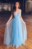 Shiny Blue Tulle A-line V-neck Simple Prom Dresses, Long Formal Dresses, SP877
