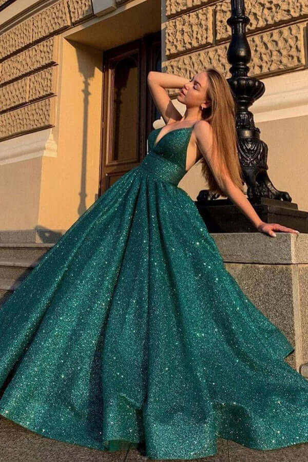 V-neckline Dark Green Prom Dresses with Satin Skirt – loveangeldress