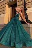 Shiny Green Ball Gown V-neck Cheap Prom Dresses, Long Formal Dresses, SP779