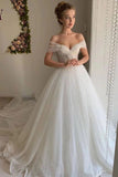 Shiny Ivory Dotted Tulle Off Shoulder Wedding Dresses With Cathedral Train, SW513 | a line wedding dresses | cheap wedding dresses | bridal gowns | www.simidress.com