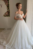 Shiny Ivory Dotted Tulle Off Shoulder Wedding Dresses With Cathedral Train, SW513 | tulle wedding dresses | wedding gowns | lace wedding dresses | www.simidress.com