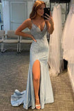 Shiny Light Blue A-line Mermaid Beaded Prom Dresses, Long Formal Dresses, SP826