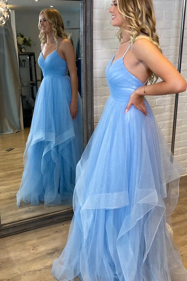 Shiny Light Blue Tulle V-neck Open Back Prom Dresses, Evening Dresses, SP948 | sparkly prom dresses | long formal dresses | party dresses | simidress.com