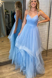 Shiny Light Blue Tulle V-neck Open Back Prom Dresses, Evening Dresses, SP948